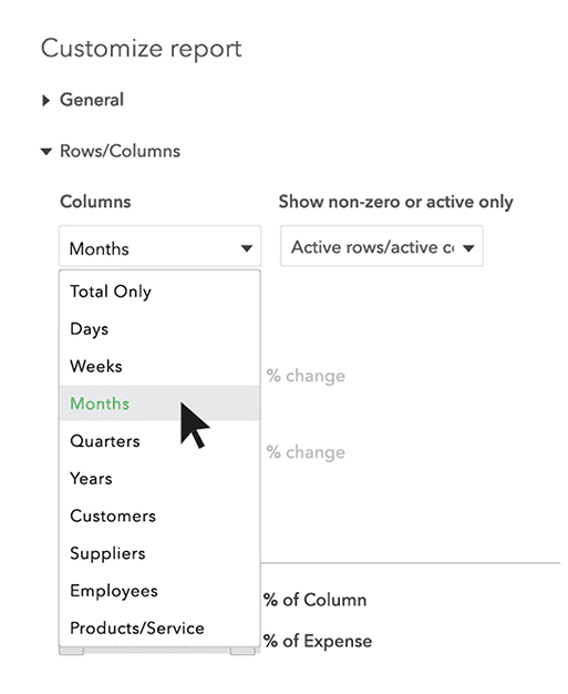 Quickbooks Custom Reports Rows/Columns Section